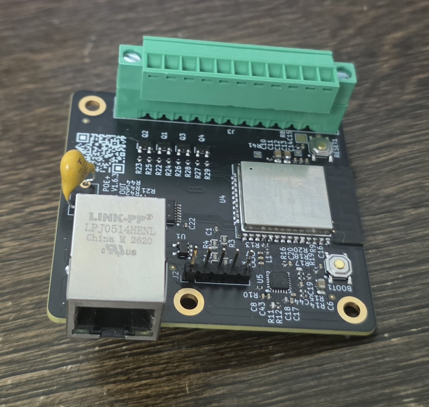 Donato PoE Module V1.6.3 — PoE+ ESP32 controller board with RJ45, ESP32 module, and screw-terminal outputs